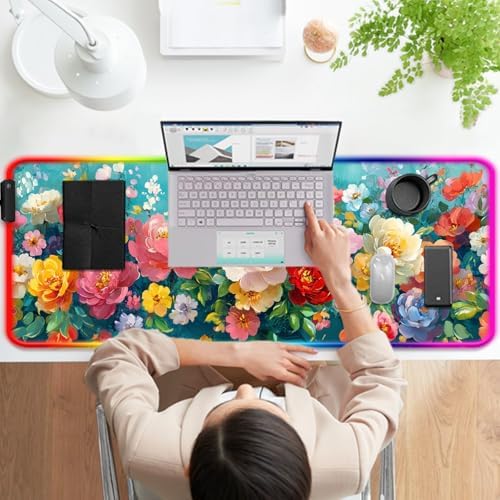RGB Colorful Flower Peony Gaming Desk Mat & Floral Mouse Pad, XL - Image 7