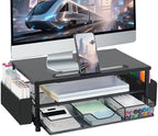 AUPSEN Wood Computer Monitor Stand Riser, 2-Tier Black Desk Organizer with Drawer, Pen Storage & Phone Holder ，Office Desk Accessories Desktop Organizer for Office Supplies (Black) by AUPSEN