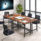 GOFLAME 4ft Conference Table Set of 4, Mobile Home Computer Desk, Meeting Room Table w/Detachable Storage Bag & 2 Headphone Hooks, Rolling Seminar Boardroom Table on Wheels, Black + Rustic Brown - Image 3