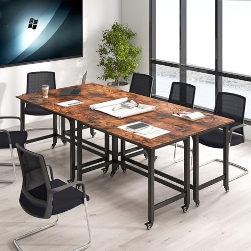 GOFLAME 4ft Conference Table Set of 4, Mobile Home Computer Desk, Meeting Room Table w/Detachable Storage Bag & 2 Headphone Hooks, Rolling Seminar Boardroom Table on Wheels, Black + Rustic Brown - Image 3