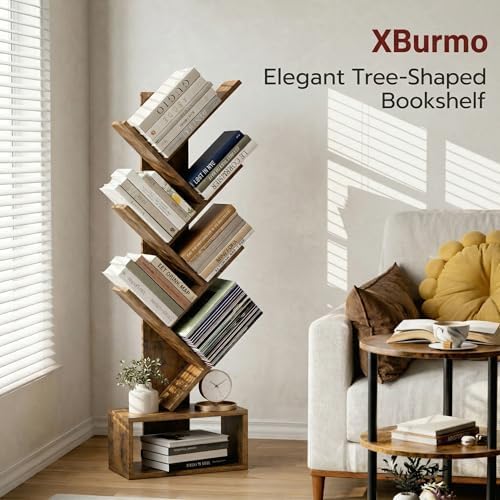 6 Tier Tree Book shelf - Small Bookcase and Small Bookshelf for Small Spaces, 15.0-Inch Wide Rustic Standing Organizer with Six Divided Book Tiers for Living Room, Bedroom or Home Office, Rustic Brown - Image 3