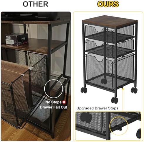BOHDK Rolling File Cart with 3 Storage Drawers, Wood & Mesh Hanging File Folder Organizer with Wheels Under Desk, File Cabinets for Home Office, 11.81" D x 14.8" W x 25.39" H, Black - Image 6
