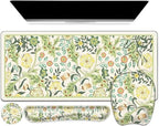 4 in 1 Large Mouse Pad, Keyboard Wrist Rest Set, Ergonomic Mouse Pad with Wrist Support, Desk Mat with Stitched Edges Extended Desk Pad Waterproof Desk Mat for Home Office Game I Green Flower Plants by NXZGO