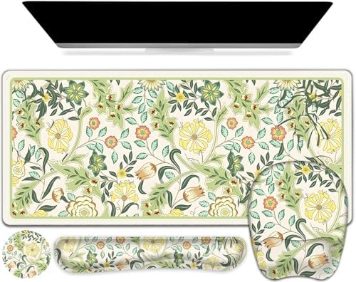 4 in 1 Large Mouse Pad, Keyboard Wrist Rest Set, Ergonomic Mouse Pad with Wrist Support, Desk Mat with Stitched Edges Extended Desk Pad Waterproof Desk Mat for Home Office Game I Green Flower Plants by NXZGO