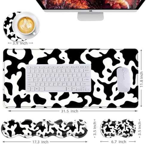 Mouse Pad,Large Desk Mat Set, 4in1 XL Mousepad + Keyboard Wrist Rest+Mouse Wrist Rest+Coaster with Ergonomic Desk Pad for Home Office Table Computer Cover -Cow Print - Image 6