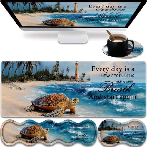 31.5"x 11.8" Oversized Gaming Mouse Pad Set, Ergonomic Keyboard and Mouse Wrist Rest + Cup Holder, Non-Slip Desktop Pad, Suitable for Home and Office Use, Sea Turtle Blue Sea Lighthouse by FOKBVNFLL