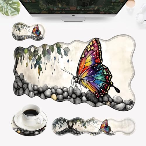 Desk Mat, Mouse Pad with Wrist Rest, 4-in-1 Large Mouse Pads for Desk, Ergonomic Mouse Pad and Keyboard Wrist Rest Gaming Keyboard Mat for Office,Watercolor Butterfly by EFGWSDER