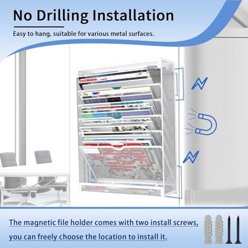 7 Tier Magnetic File Holder, No Drilling Wall File Organizer for File Cabinets Whiteboard Refrigerator,Office,Classroom, Hanging Paper Folder Holder, White - Image 2
