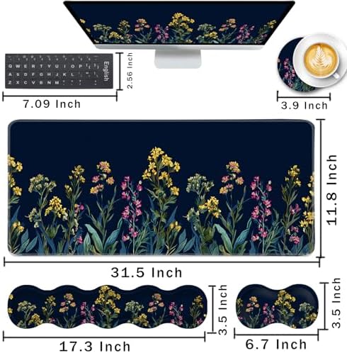 Keyboard Wrist Rest and Mouse Pad with Wrist Support Set Ergonomic Coaster,Memory Foam,Easy Typing Pain Relief,Large XL Desk Mat 31.5"x 11.8",Garden Flowers - Image 2
