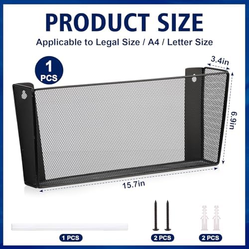 Single Pocket Wall File Holder Legal Size Metal Mesh Hanging File Folder Paper Organizer Black Wall Mounted Mail Organizer Magazine Rack for Office Home School 15.7" L x6.9 Wx3.4 H - Image 2