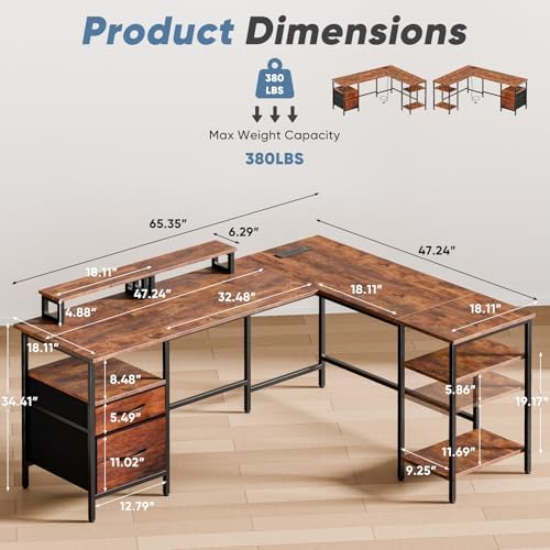 DUMOS 62" L Shaped Computer Desk with Drawers and Shelves, Rustic Brown - Image 3