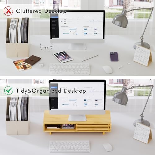 Zri Bamboo Computer Monitor Stand with Drawer, Dual Laptop Stand for Desk,Single Monitor Riser with Storage,Wood Office Desk Organizer & Accessories - Image 5