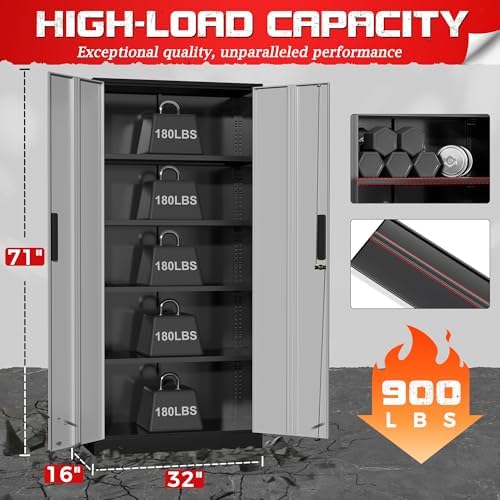 Superday 71" Lockable Steel Storage Cabinet, Locking Metal Storage Cabinets, Tall Black Grey Cabinet with 2 Doors and 4 Adjustable Shelves for Garage, Home Office, Classroom, File, Easy Assemble - Image 3