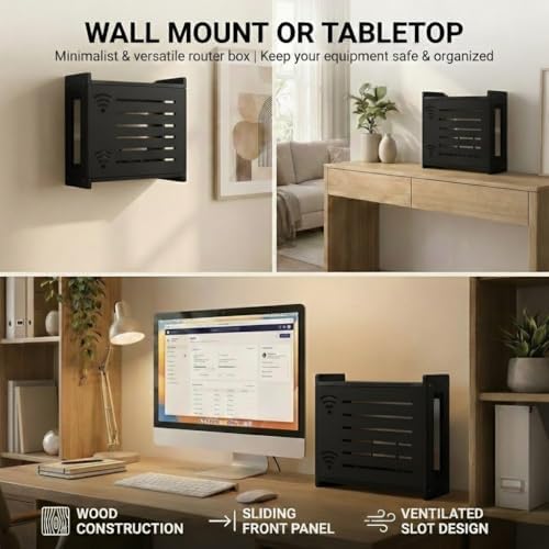 Router Box Hider, Router Shelf WiFi Box Hider, Wooden WiFi Storage Cabinet with Sliding Panel, Vented Back, Cable Management, Modem Cover, Cords & Power Strip, Wall Mount or Tabletop (Black) - Image 4
