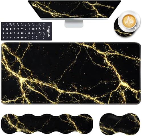 Keyboard Wrist Rest and Mouse Pad with Wrist Support Set Ergonomic Coaster,Memory Foam,Easy Typing Pain Relief,Large XL Desk Mat 31.5"x 11.8",Black Marble by CICPLKSE