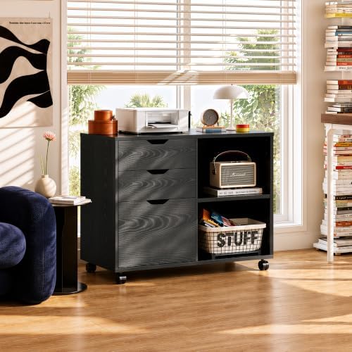 DEVAISE 3 Drawer Wood File Cabinet, Rolling Filing Cabinet with Open Storage Shelf, Printer Stand for Home Office Storage and Organization, Fits Letter/A4 Files (Black, Recessed Pull) - Image 2