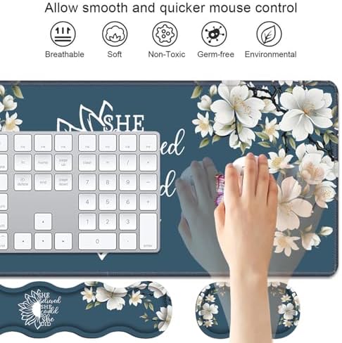 Ergonomic Keyboard Wrist Rest & Mouse Pad Wrist Rest Set, She Believed She Could So She Did Inspirational Quote Large XXL Gaming Desk Mat 31.5"x 11.8" with Non-Slip Base for Home Office Study Gaming - Image 3