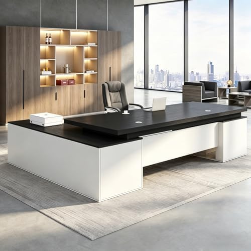 Executive Desk, L Shaped Executive Office Desk with Locking Drawer & File Cabinet, 1'' Thick Desktop, Large Office Desk with Storage, Modern Executive Computer Workstation for Home Office & Business by Unknown