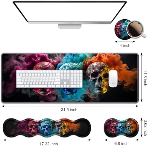 Ergonomic Keyboard Wrist Rest & Mouse Pad Wrist Rest Set, Large XXL Gaming Desk Mat 31.5"x 11.8" with Memory Foam, Easy Typing Pain Relief for Office & Home, Colored Skull - Image 2