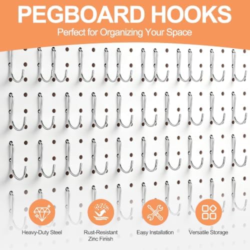 100PCS Dual Locking Pegboard Hooks Set, 50pcs 1" & 50pcs 1.5" Heavy Duty Galvanized Iron Pegboard Hooks, Fits 1/8” & 1/4” Pegboards for Garage Tool Storage Workshop Organization - Image 7