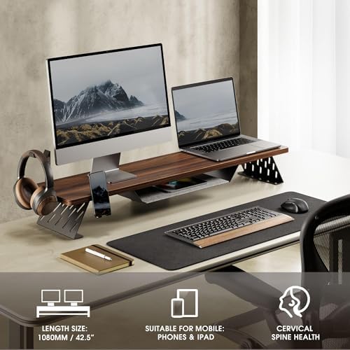 Fenge Dual Monitor Stand, Wooden Desk Shelf with Headphone & Phone Holder - Image 6