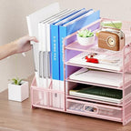 Marbrasse Desk Organizer with File Holder, 5-Tier Paper Letter Tray Organizer with Drawer and 2 Pen Holder, Mesh Desktop Organizer and Storage with Magazine Holder for Office Supplies(Pink) - Image 5