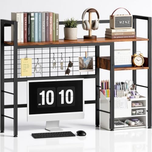 Desk Shelf, 38.6" Desk Hutch with Pegboard Hooks Set, Rustic Brown by MZNZ