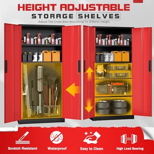 Superday 71" Lockable Steel Storage Cabinet, Locking Metal Storage Cabinets, Tall Black Red Cabinet with 2 Doors and 4 Adjustable Shelves for Garage, Home Office, Classroom, File, Easy Assemble - Image 4
