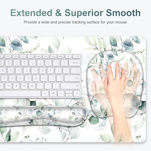 Large Mouse Pad with Wrist Support 4in1 Set, XXL Big Game Mousepad +Keyboard Wrist Rest+Mouse Wrist Rest+Coaster with Ergonomic Design Gaming Mat for Home Office Computer I Eucalyptus Branches - Image 3