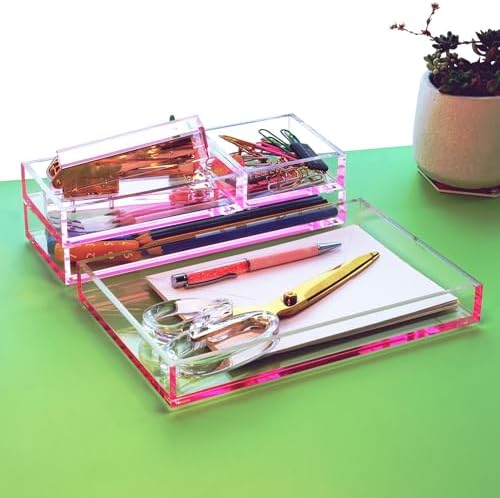 4-Piece Stackable Pink Acrylic Desk Organizer for Office or Home Desk Drawer Dividers, Makeup Vanity Storage Bins, Accessory Acrylic Tray/Half Accessory Tray/Small Tray - Image 5