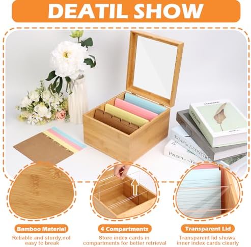 5x8 Index Card Holder with Dividers Bamboo Index Card Storage Box 4 Compartments Recipe Card Box with Lid 150 Index Flash Cards 25 Index Card Dividers 2 Letter smile Stickers for Office Business Home - Image 3