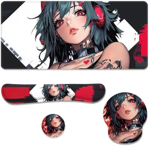 Anime Girl Gamer Desk Mat Set Dark Cyber Red Waifu Large Mouse Pad with Wrist Rest 4in1 Desk Mat for Desktop Ergonomic Computer Desk Arm Wrist Anti-Slip Computer Mouse Pad Home Office Gaming by Unknown