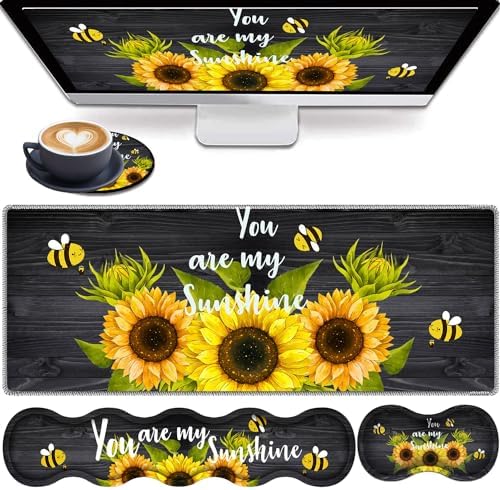4 in 1 Mouse Pad Combo, Large Gaming Mouse Pad + Keyboard Wrist Support + Mouse Wrist Rest + Coaster, Table Pad with Stitched Edge Ergonomic Wrist Pad Set, Sunflower, You are My Sunshine by RVHOEZZM