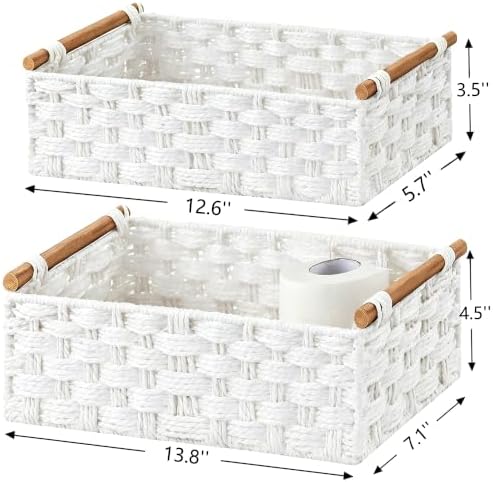 Vagusicc Wicker Storage Basket, Set of 2 Hand-Woven Paper Rope Wicker Basket for Organizing with Handle Decorative Storage Bins for Counter Pantry Shelves Toilet Paper Basket for Toilet Tank Top,White - Image 3