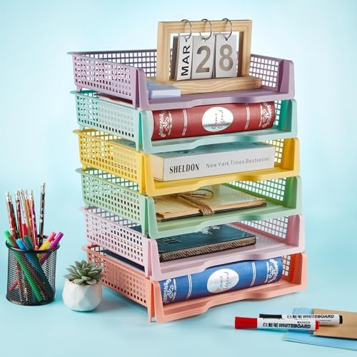 gisgfim 6 Pcs Turn in Trays Classroom Pastel Paper Tray for Classroom Organization and Storage Stackable Plastic Book Baskets Turn in Bins Teacher Organizers for Library Drawers School Office Desk - Image 4