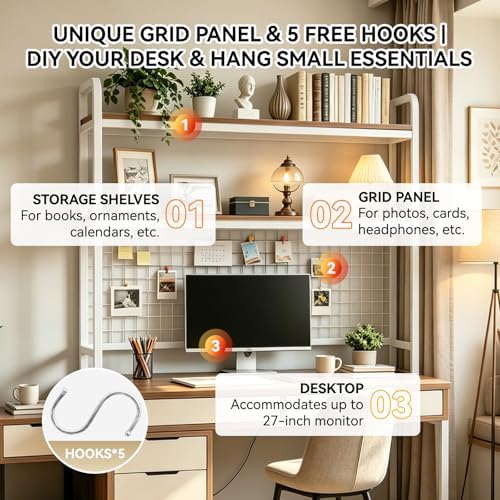 Desktop Bookshelf with Pegboard, 2-Tier Desk Hutch Storage Organizer Rack, Metal Frame & Wood Board, for 27-inch Monitor, Home Office & Dorm，White,45.3" W - Image 5
