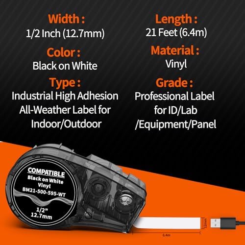 5-Pack Compatible M21-500-595-WT All-Weather Vinyl Label White .5'' W 21' L - Image 3