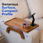 Couch Armrest Table with Cup Holder (15.31" x 9.65") - Acacia Sofa Arm Tray Organizer with Magnetic & 360° Rotating Phone Holder - Fits Couch Arm for Drinks, Snacks & Remote Control - Image 2
