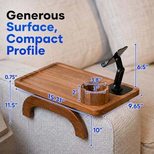 Couch Armrest Table with Cup Holder (15.31" x 9.65") - Acacia Sofa Arm Tray Organizer with Magnetic & 360° Rotating Phone Holder - Fits Couch Arm for Drinks, Snacks & Remote Control - Image 2