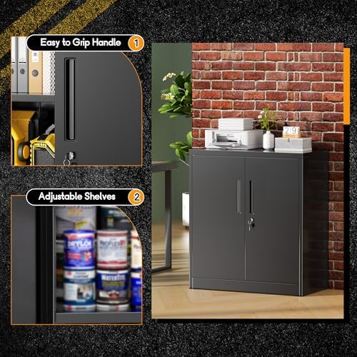 Greenvelly Metal Garage Storage Cabinet,36" Black Lockable Metal Cabinets with 2 Doors and Shelves,Storage Locking Counter Cabinet for Home Office,Garage,Kitchen,School - Image 3