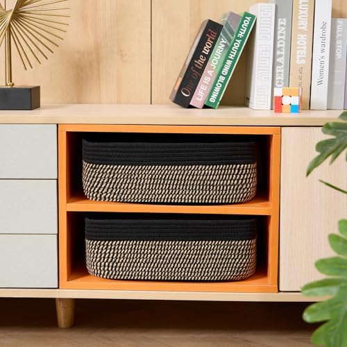 MiniArk Large Shallow Organizing Baskets 15x11x5.1 Inches - Rope Woven Storage Bins for Bathroom, Shelves, Cube Closet, Black Woven Brown 4 Packs - Image 4