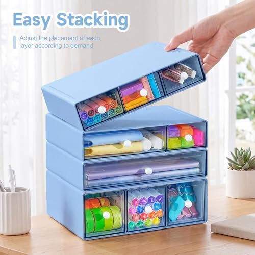 Desk Organizer with 9 Drawers, 4 Tiers Stackable Storage Drawers, Desktop Storage Box with Clear Drawers for Stationery, Makeup, Jewelry, Office and Craft Supplies (Blue) - Image 2
