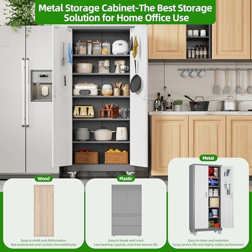 Aobabo Upgraded Garage Storage Cabinets with Wheels,Metal Storage Cabinets with 5 Adjustable Shelves for Garage Home Office Storage, Grey&White,71''H*32''W*16''D,Assembly Required - Image 6