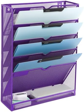 EASEPRES 6 Tier Mesh Hanging Wall File Organizer, Desk Vertical Mail Paper Document Folder Holder Rack with Bottom Tray and Nametag Label for Office Home School, Purple by EASEPRES