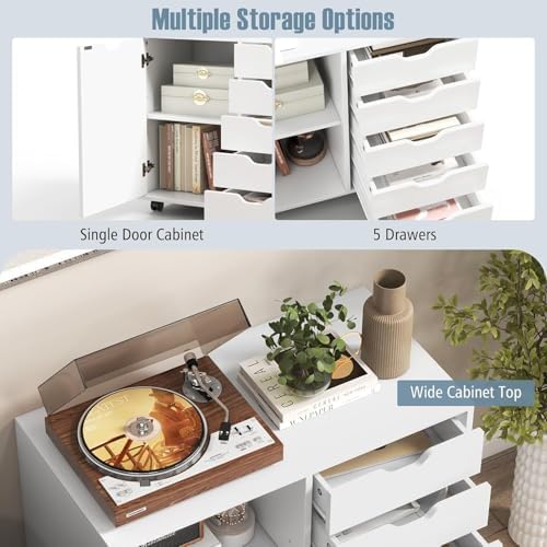 5-Drawer Wood Drawer Cabinet, Office Storage Cabinet with Adjustable Shelf & Wheels, Printer Stand for Home Office, White, 15.7" D x 30.7" W x 25.4" H - Image 5