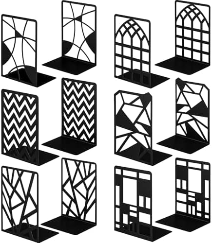 Feifeiya 6 Pairs Decorative Book Ends Metal Bookends for Shelves Black Metal Heavy Duty Book Ends Holder Supports Stoppers for Home Office School, 6.9x4.9x3.5”(Geometrical) by Feifeiya
