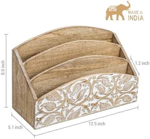 MyGift 3 Tier Rustic Solid Mango Wood Desk Mail Holder and Stationery Sorter with Hand Carved Leaf Pattern, Decorative Office Desktop Document Storage Organizer - Handcrafted in India - Image 5