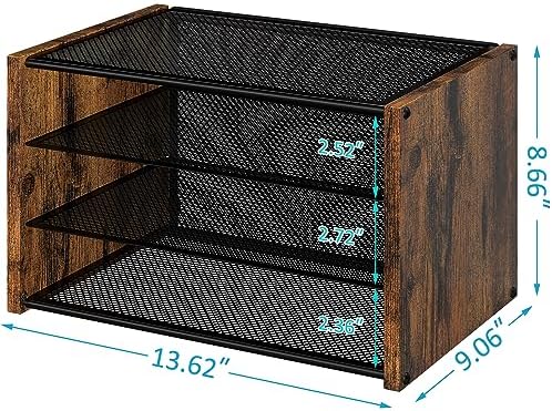 DAOUTIME 3-Tier Paper Letter Tray, Wooden Desk File Organizer, Stackable Metal Mesh Desk Organizer for Office Supplies. Small Paper Trays for Home Office School, Rustic Brown - Image 3