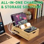 Bamboo Charging Station Organizer with Drawer & Tray, 5-Port USB Charger & 6 Cables, Magnetic Multi-Device Dock for Phones, Tablets, Smartwatches, Kindle, Home & Office - Image 6