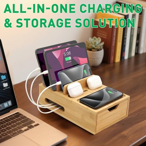 Bamboo Charging Station Organizer with Drawer & Tray, 5-Port USB Charger & 6 Cables, Magnetic Multi-Device Dock for Phones, Tablets, Smartwatches, Kindle, Home & Office - Image 6